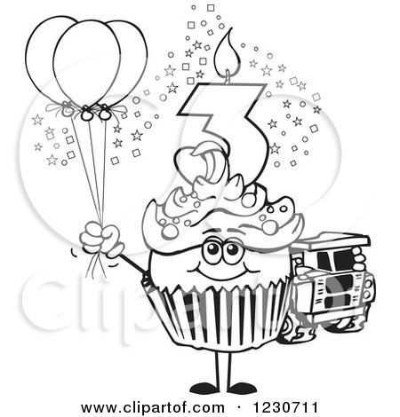 Clipart of a Line Art Boys Third Birthday Cupcake with a Toy Truck and Balloons - Royalty Free Vector Illustration by Dennis Holmes Designs