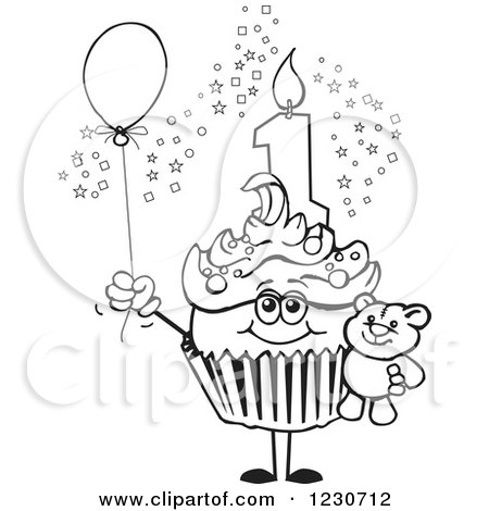 Clipart of a Line Art Boys First Birthday Cupcake with a Teddy Bear and Balloon - Royalty Free Vector Illustration by Dennis Holmes Designs