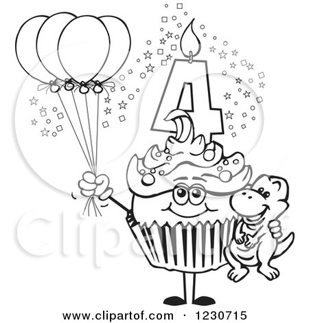 Clipart of a Line Art Boys Fourth Birthday Cupcake with a Dinosaur and Balloons - Royalty Free Vector Illustration by Dennis Holmes Designs