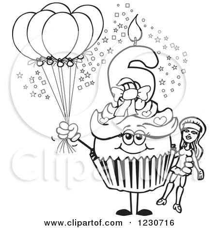 Clipart of a Line Art Girls Sixth Birthday Cupcake with a Doll and Balloons - Royalty Free Vector Illustration by Dennis Holmes Designs