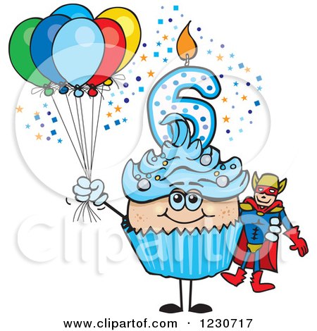 Clipart of a Blue Boys Sixth Birthday Cupcake with a Super Hero and Balloons - Royalty Free Vector Illustration by Dennis Holmes Designs