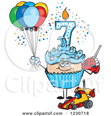 Clipart of a Blue Boys Seventh Birthday Cupcake with a Remote Control Car and Balloons - Royalty Free Vector Illustration by Dennis Holmes Designs