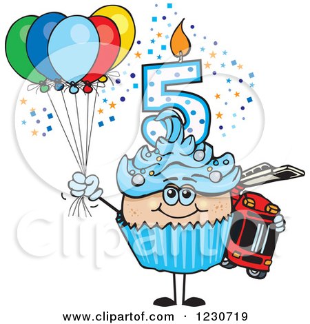 Clipart of a Blue Boys Fifth Birthday Cupcake with a Fire Engine and Balloons - Royalty Free Vector Illustration by Dennis Holmes Designs
