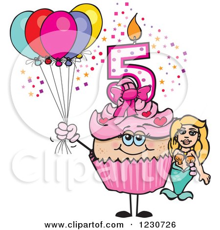 Clipart of a Pink Girls Fifth Birthday Cupcake with a Mermaid and Balloons - Royalty Free Vector Illustration by Dennis Holmes Designs