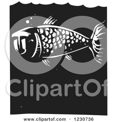 Clipart of a Black and White Woodcut Fish with a Human Face - Royalty Free Vector Illustration by xunantunich