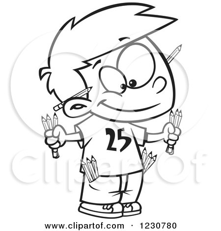 Clipart of a Line Art Cartoon Boy Prepared with Pencils - Royalty Free Vector Illustration by toonaday