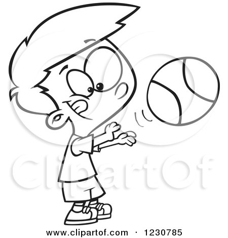 Clipart of a Line Art Cartoon Boy Shooting a Basketball - Royalty Free Vector Illustration by toonaday