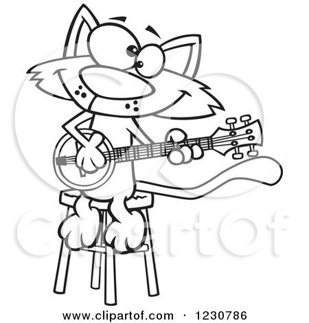 Clipart of a Line Art Cartoon Cat Playing a Banjo - Royalty Free Vector Illustration by toonaday