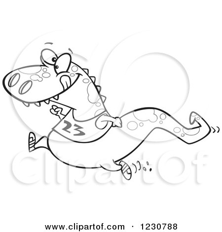Clipart of a Line Art Cartoon T Rex Dinosaur Jogging - Royalty Free Vector Illustration by toonaday
