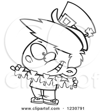 Clipart of a Line Art Cartoon St Patricks Day Leprechaun Boy with Paper Shamrocks - Royalty Free Vector Illustration by toonaday