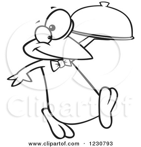 Clipart of a Line Art Cartoon Penguin Waiter with a Cloche Platter - Royalty Free Vector Illustration by toonaday