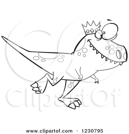 Clipart of a Line Art Cartoon King T Rex Dinosaur Walking - Royalty Free Vector Illustration by toonaday