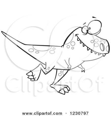 Clipart of a Line Art Cartoon T Rex Dinosaur Walking - Royalty Free Vector Illustration by toonaday