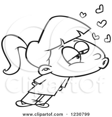 Clipart of a Line Art Cartoon Girl with Hearts and Puckered Lips - Royalty Free Vector Illustration by toonaday