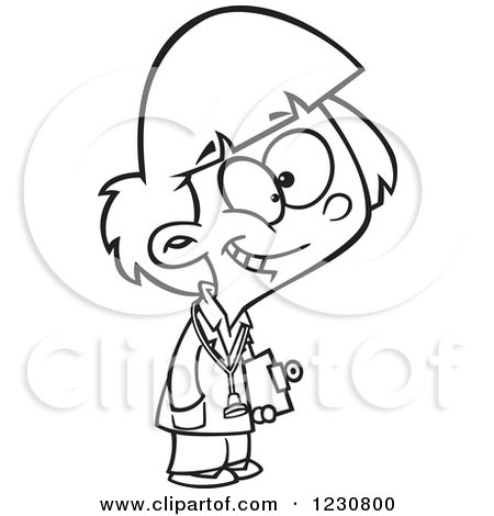 Clipart of a Line Art Cartoon Doctor Girl Holding a Clipboard - Royalty Free Vector Illustration by toonaday