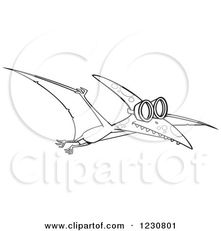 Clipart of a Line Art Cartoon Pterodactyl Dinosaur Flying in Goggles - Royalty Free Vector Illustration by toonaday