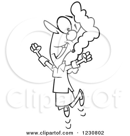 Clipart of a Line Art Cartoon Happy Woman Jumping - Royalty Free Vector Illustration by toonaday