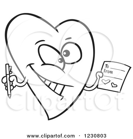 Clipart of a Line Art Cartoon Heart Character Holding a Valentine - Royalty Free Vector Illustration by toonaday