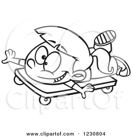 Clipart of a Line Art Cartoon Girl Playing on a Scooter Board - Royalty Free Vector Illustration by toonaday