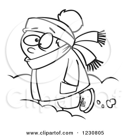 Clipart of a Line Art Cartoon Boy Trudging Through Snow - Royalty Free Vector Illustration by toonaday