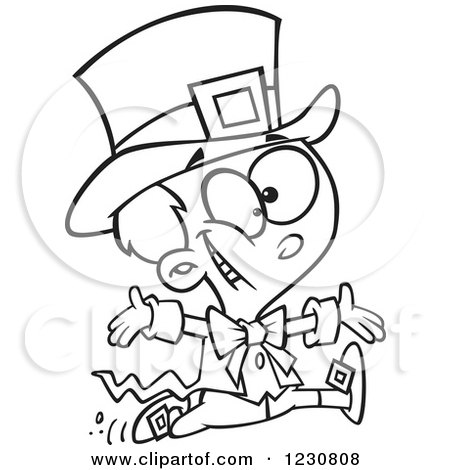 Clipart of a Line Art Cartoon St Patricks Day Boy Running in a Leprechaun Costume - Royalty Free Vector Illustration by toonaday