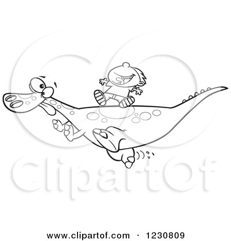 Clipart of a Line Art Cartoon Boy Riding on a Pet T Rex Dinosaur - Royalty Free Vector Illustration by toonaday