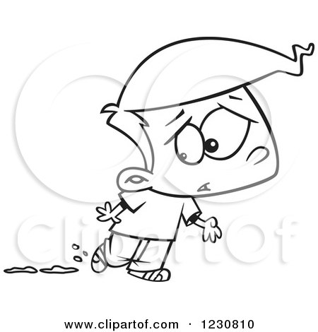 Clipart of a Line Art Cartoon Boy Worried About Muddy Shoes - Royalty Free Vector Illustration by toonaday