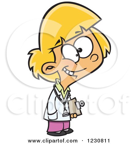 Clipart of a Cartoon Blond Doctor Girl Holding a Clipboard - Royalty Free Vector Illustration by toonaday