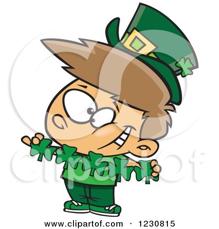Clipart of a Cartoon St Patricks Day Leprechaun Boy with Paper Shamrocks - Royalty Free Vector Illustration by toonaday