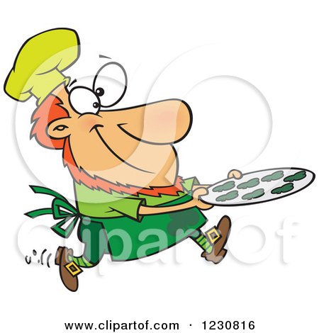 Clipart of a Cartoon St Patricks Day Baker Leprechaun with Shamrock Cookies - Royalty Free Vector Illustration by toonaday
