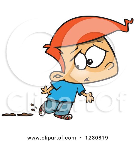 Clipart of a Cartoon Red Haired Boy Worried About Muddy Shoes - Royalty Free Vector Illustration by toonaday