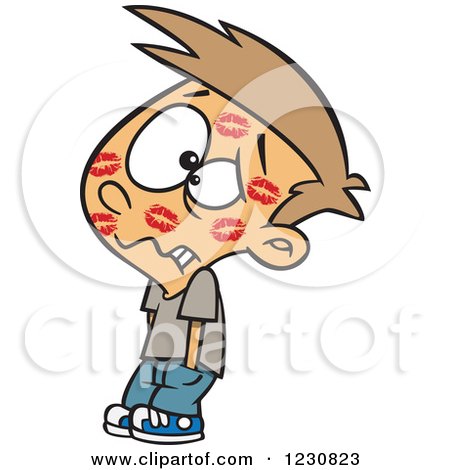 Clipart of a Cartoon Disgusted Boy Covered in Lipstick Kisses - Royalty Free Vector Illustration by toonaday