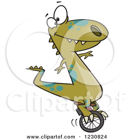 Clipart of a Cartoon Green T Rex Dinosaur on a Unicycle - Royalty Free Vector Illustration by toonaday
