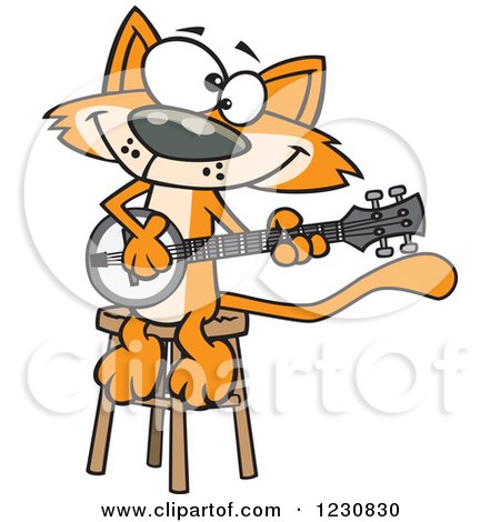 Clipart of a Cartoon Orange Cat Playing a Banjo - Royalty Free Vector Illustration by toonaday