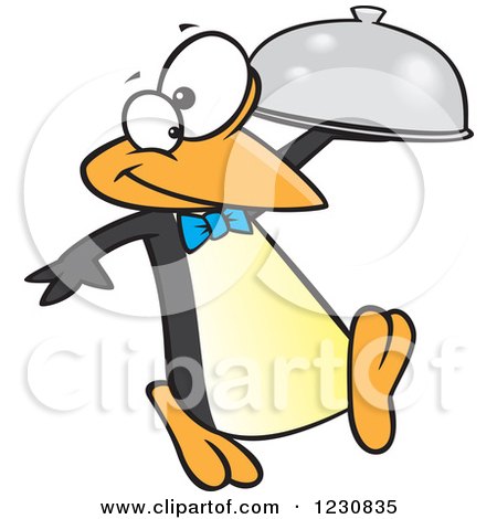 Clipart of a Cartoon Penguin Waiter with a Cloche Platter - Royalty Free Vector Illustration by toonaday