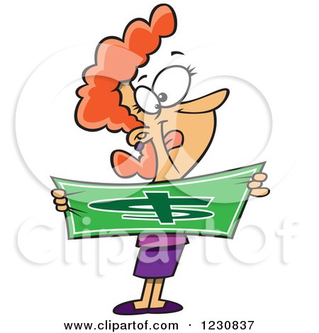 Clipart of a Cartoon Caucasian Happy Woman Stretching a Dollar - Royalty Free Vector Illustration by toonaday