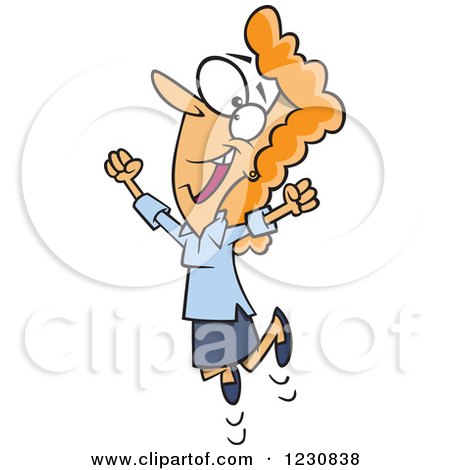Clipart of a Cartoon Happy Caucasian Woman Jumping - Royalty Free Vector Illustration by toonaday