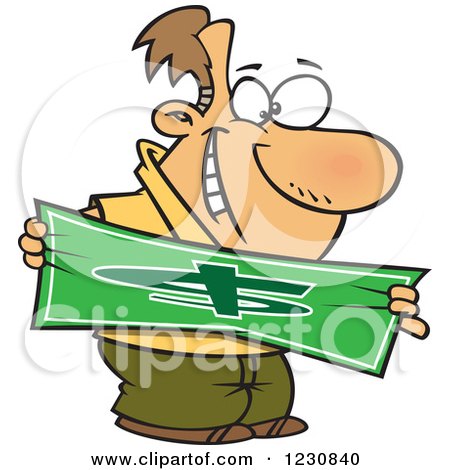 Clipart of a Cartoon Happy Caucasian Man Stretching a Dollar - Royalty Free Vector Illustration by toonaday