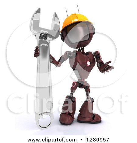 Clipart of a 3d Red Android Construction Robot with a Spanner Wrench 3 - Royalty Free Illustration by KJ Pargeter