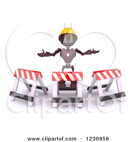 Clipart of a 3d Red Android Construction Robot with Barriers - Royalty Free Illustration by KJ Pargeter