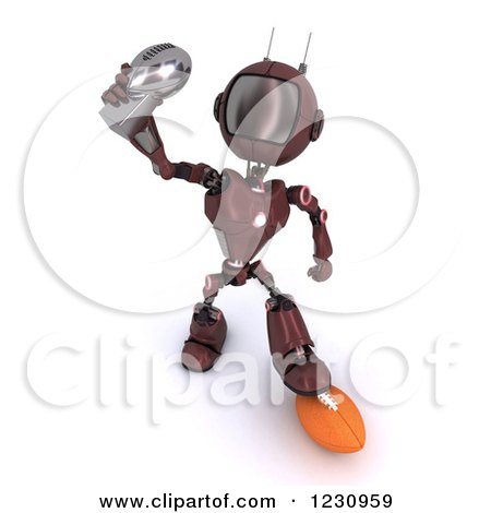 Clipart of a 3d Red Android Robot Holding an American Football Trophy - Royalty Free Illustration by KJ Pargeter