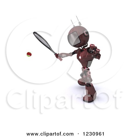 Clipart of a 3d Red Android Robot Playing Tennis - Royalty Free Illustration by KJ Pargeter