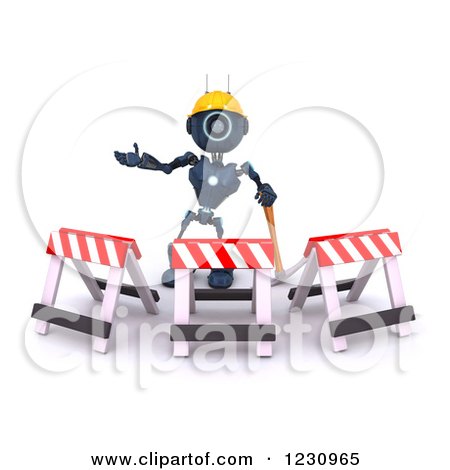 Clipart of a 3d Blue Android Construction Robot with Barriers - Royalty Free Illustration by KJ Pargeter