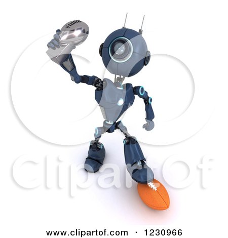 Clipart of a 3d Blue Android Robot Holding an American Football Trophy - Royalty Free Illustration by KJ Pargeter