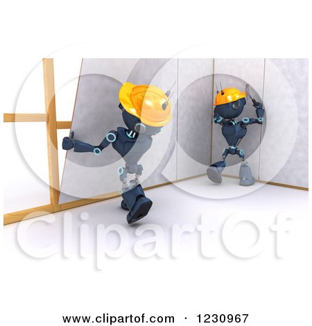 Clipart of 3d Blue Android Construction Robots Hanging Drywall - Royalty Free Illustration by KJ Pargeter