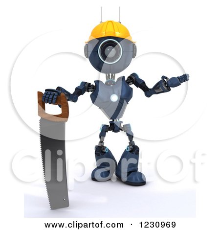 Clipart of a 3d Blue Android Construction Robot with a Saw - Royalty Free Illustration by KJ Pargeter