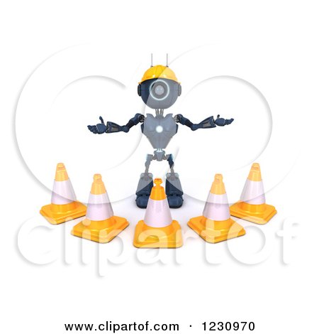 Clipart of a 3d Blue Android Construction Robot with Cones - Royalty Free Illustration by KJ Pargeter