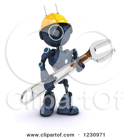 Clipart of a 3d Blue Android Construction Robot with a Spanner Wrench 4 - Royalty Free Illustration by KJ Pargeter