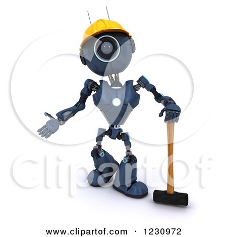 Clipart of a 3d Blue Android Construction Robot with a Sledgehammer - Royalty Free Illustration by KJ Pargeter