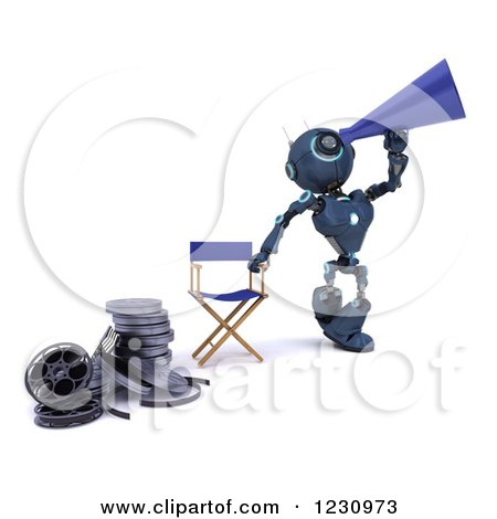 Clipart of a 3d Blue Android Robot Movie Director - Royalty Free Illustration by KJ Pargeter